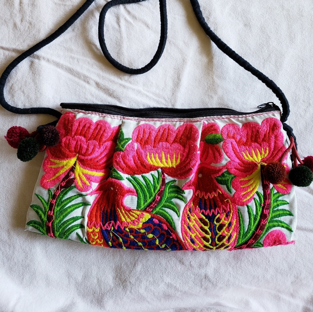 Embroidered zipped purse w over the shoulder strap